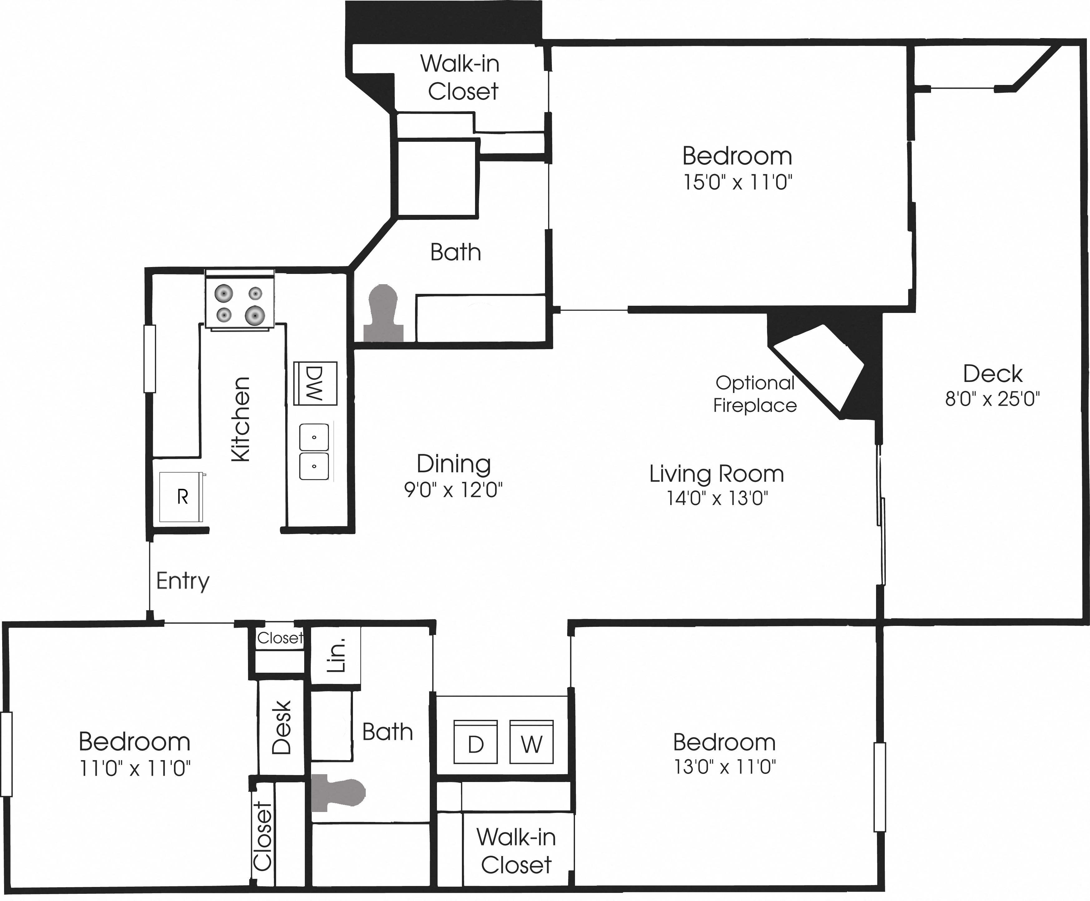 Floor plan for 3 beds, 2 baths, 1322 sqft